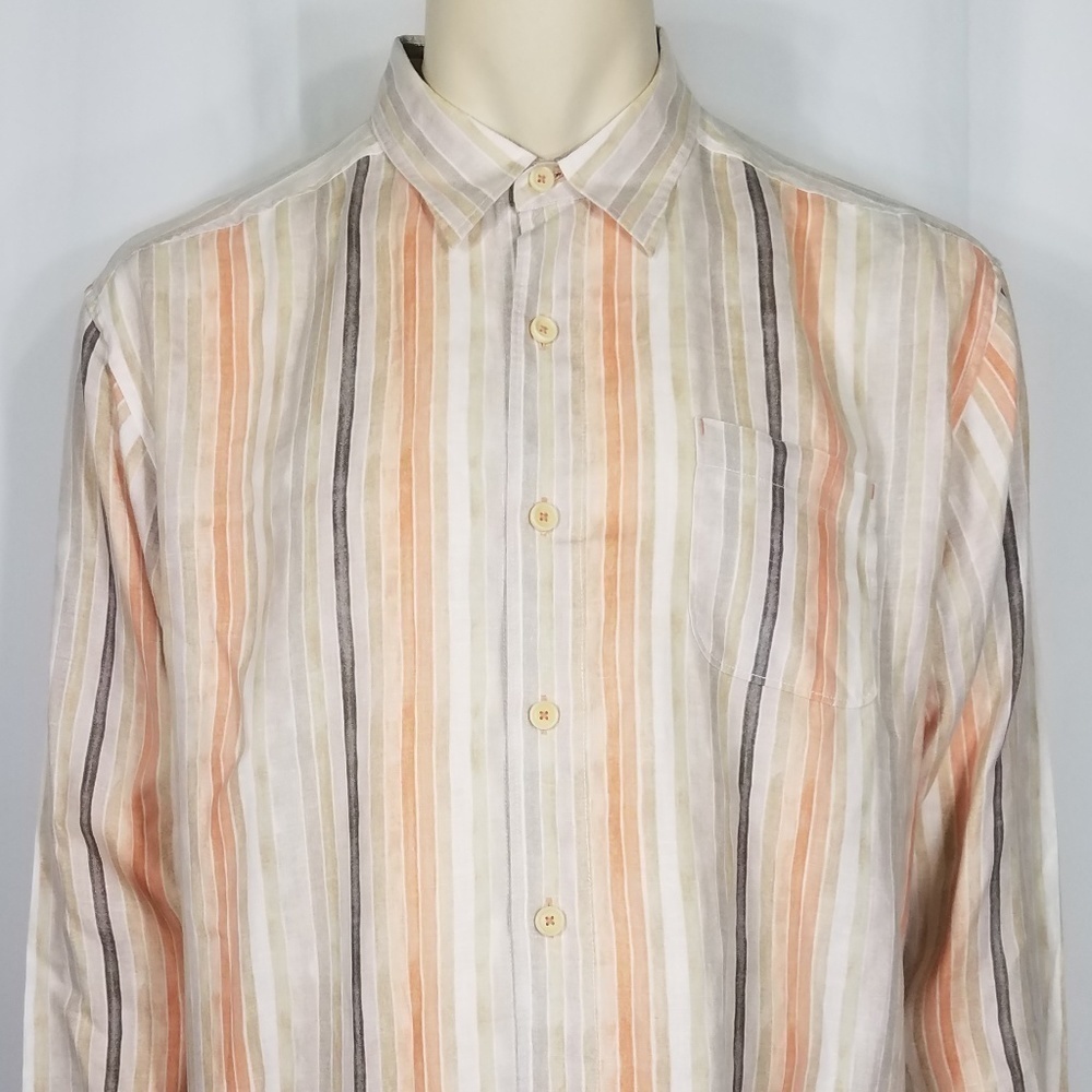 white peach tan striped linen button up shirt XL - Picture 2 of 8